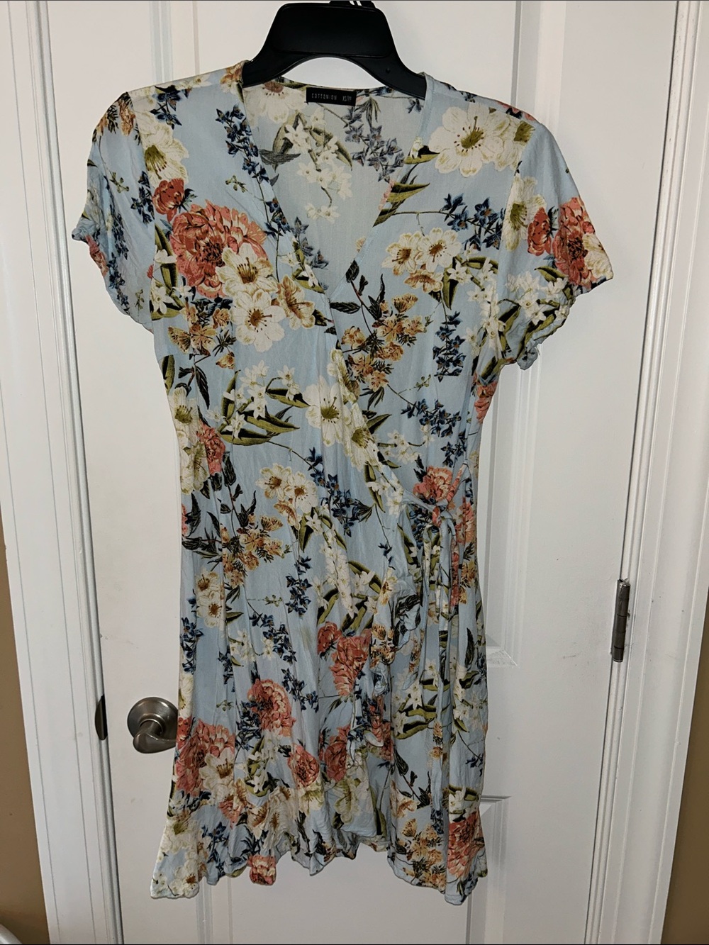 Cotton On Light Blue Floral Wrap Midi Dress with Pink & Cream Blooms